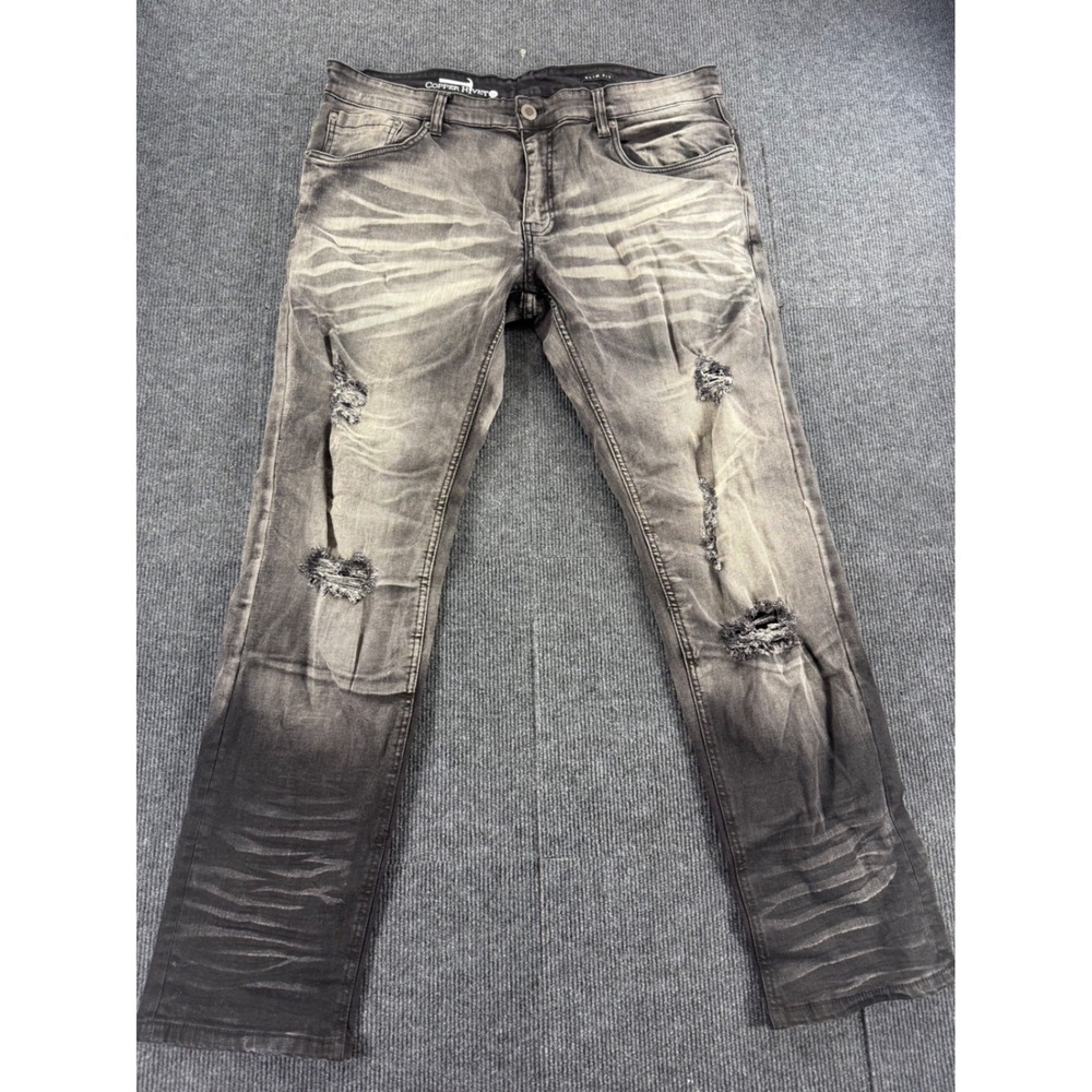 Copper Rivet Mens Slim Fit Distressed Jeans Faded Black Grey 38/32 Ripped Denim